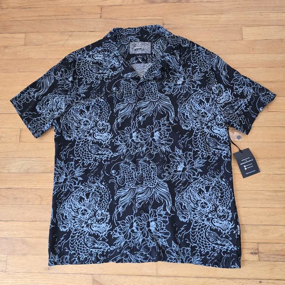 Brooklyn Cloth Koi Dragons 100% Rayon Button-Down Black/Blue Shirt Size L - Picture 1 of 11